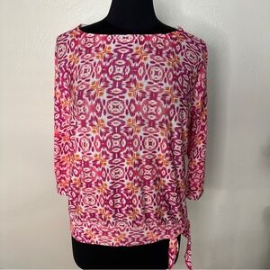 Chicos Blouse/Sweater Pink Pullover Scoop Neck 3/4 Slv Printed Side Tie Size 2